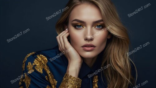 Model with Golden and Blue Embroidered Fashion