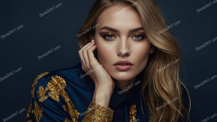 Model with Golden and Blue Embroidered Fashion