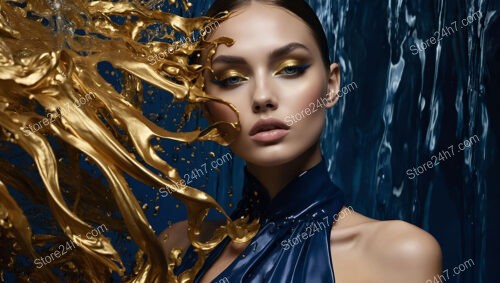 Model with Golden Paint and Water Splashes