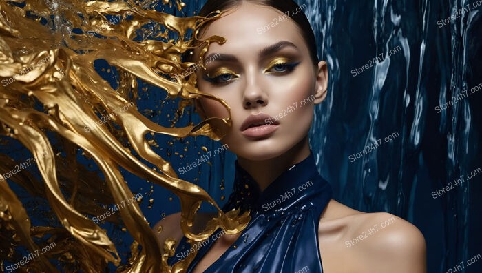 Model with Golden Paint and Water Splashes