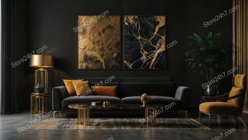 Modern Black and Gold Living Room with Artistic Accents