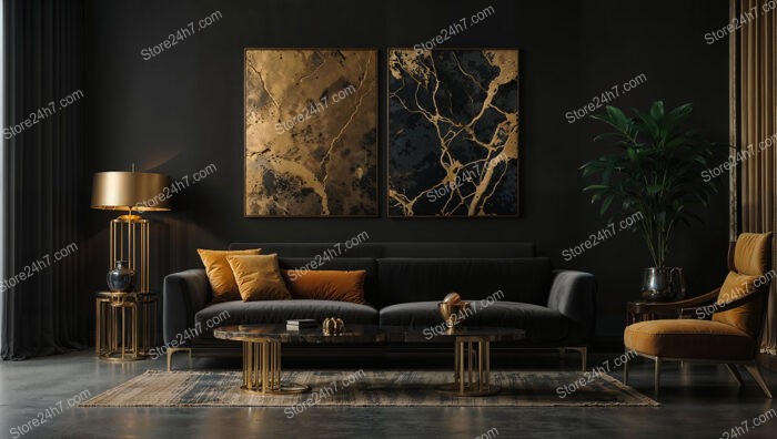 Modern Black and Gold Living Room with Artistic Accents