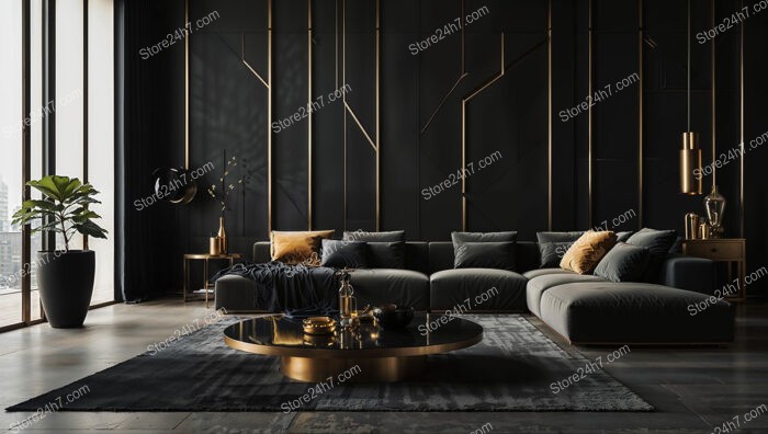 Modern Black and Gold Living Room with Geometric Designs