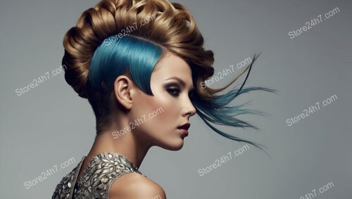 Modern updo with sleek blue accents and voluminous curls