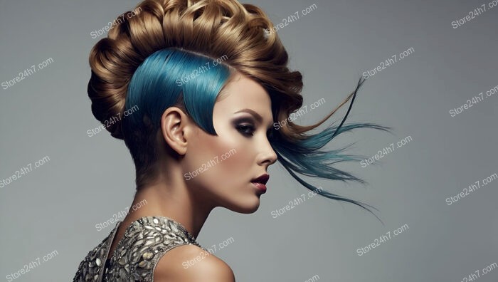 Modern updo with sleek blue accents and voluminous curls