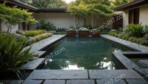 Modern Zen Garden with Rectangular Pond and Stone Pathway