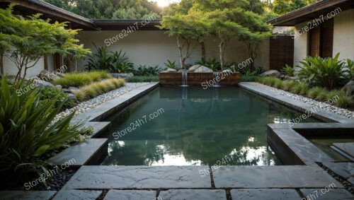 Modern Zen Garden with Rectangular Pond and Stone Pathway