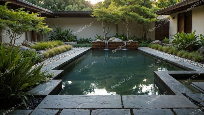 Modern Zen Garden with Rectangular Pond and Stone Pathway