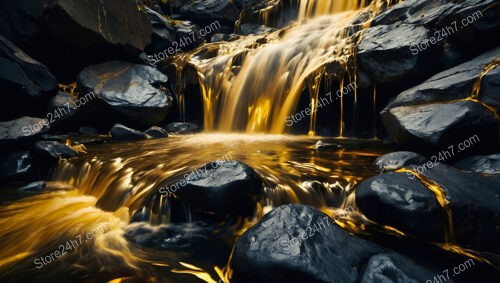 Molten Gold Waterfall Cascading Over Midnight Black Rocks