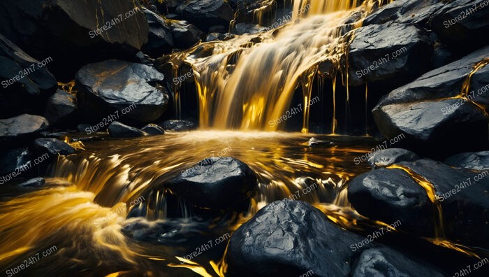 Molten Gold Waterfall Cascading Over Midnight Black Rocks