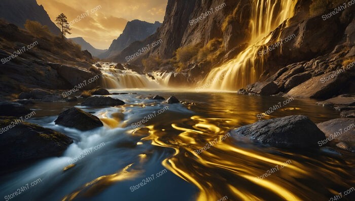 Mystical Golden River: Flowing Liquid Gold in a Majestic Valley