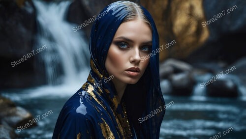 Mystical Woman in Blue Cloak by Waterfall