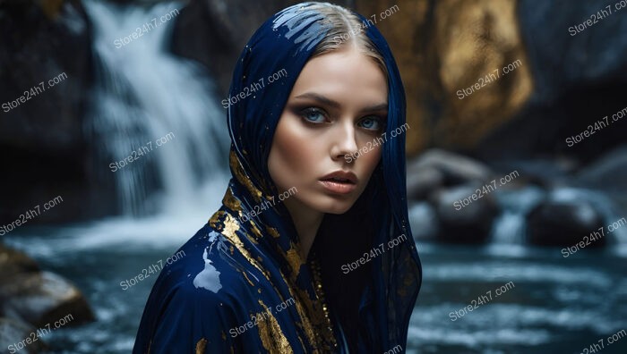 Mystical Woman in Blue Cloak by Waterfall