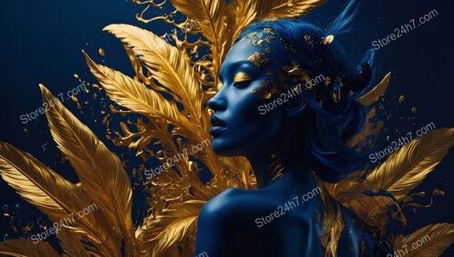 Mystical Woman in Blue with Golden Feather Accents