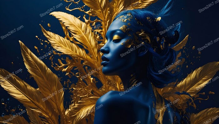 Mystical Woman in Blue with Golden Feather Accents