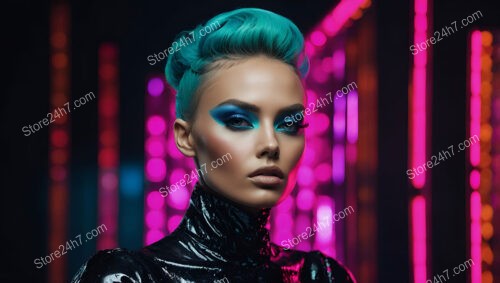 Neon Blue Hair and Futuristic Makeup with Pink Glow