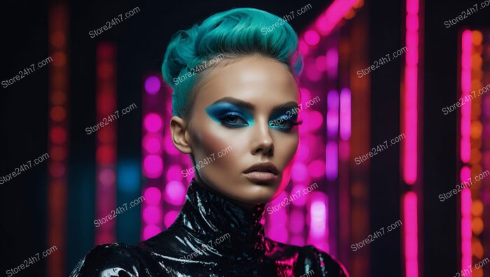 Neon Blue Hair and Futuristic Makeup with Pink Glow