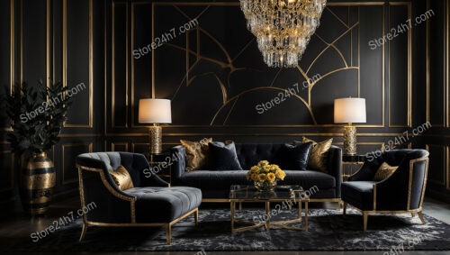 Opulent Art Deco Living Room with Gold Chandelier