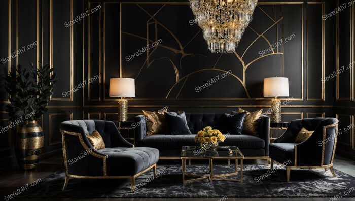 Opulent Art Deco Living Room with Gold Chandelier