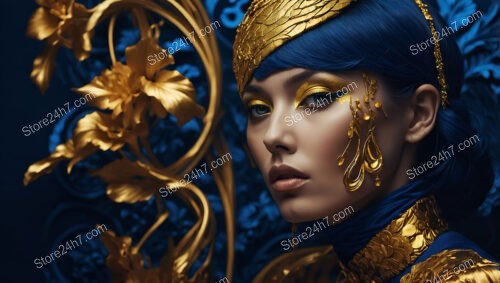 Opulent Fashion Portrait with Golden Floral Accents and Blue Hair