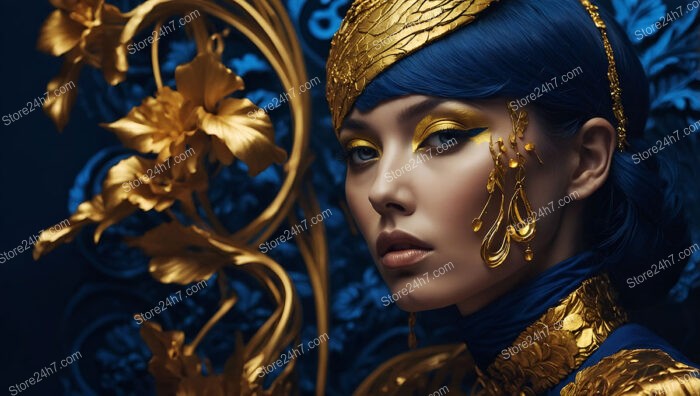 Opulent Fashion Portrait with Golden Floral Accents and Blue Hair