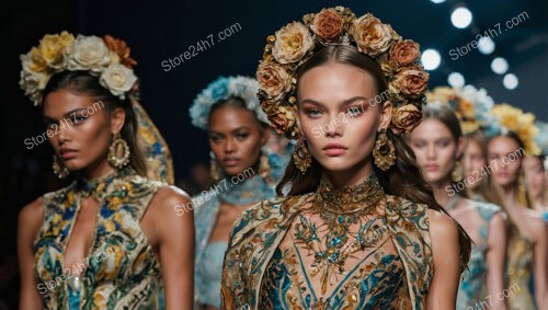 Opulent Renaissance-Inspired Fashion with Intricate Floral Crowns