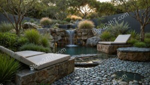 Peaceful Garden Retreat with Waterfall and Lounge Chairs