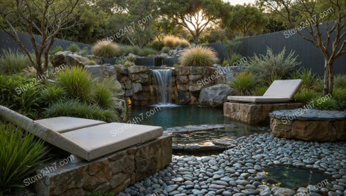 Peaceful Garden Retreat with Waterfall and Lounge Chairs