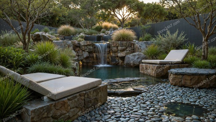 Peaceful Garden Retreat with Waterfall and Lounge Chairs