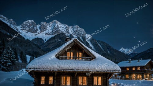 Picturesque Chalet at Night with Starry Sky and Mountains