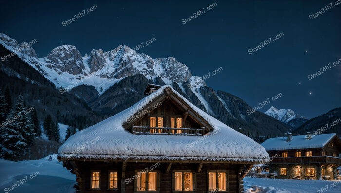 Picturesque Chalet at Night with Starry Sky and Mountains