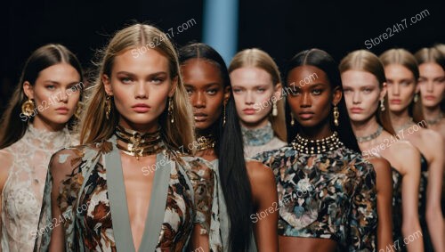 Powerful lineup of models at a high-fashion runway show