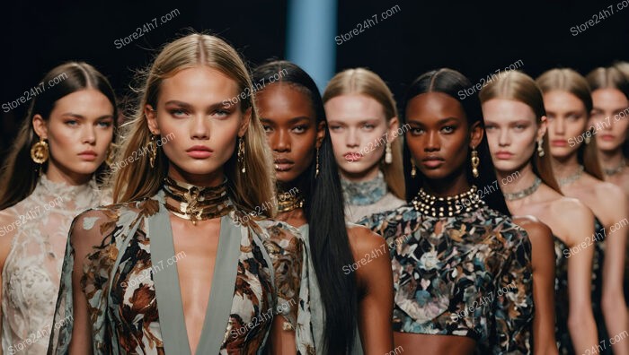 Powerful lineup of models at a high-fashion runway show