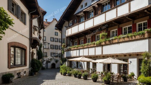 Quaint Bavarian Courtyard with Rustic Wooden Balcony and Cafe