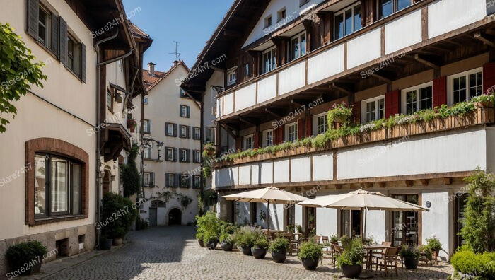 Quaint Bavarian Courtyard with Rustic Wooden Balcony and Cafe