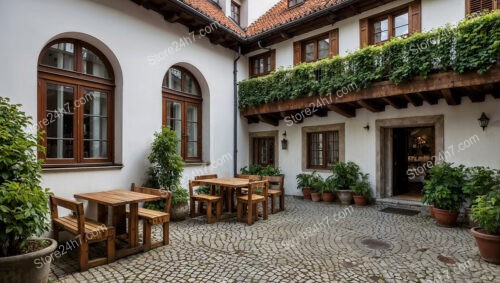 Quaint Bavarian Courtyard with Wooden Balcony and Seating Area