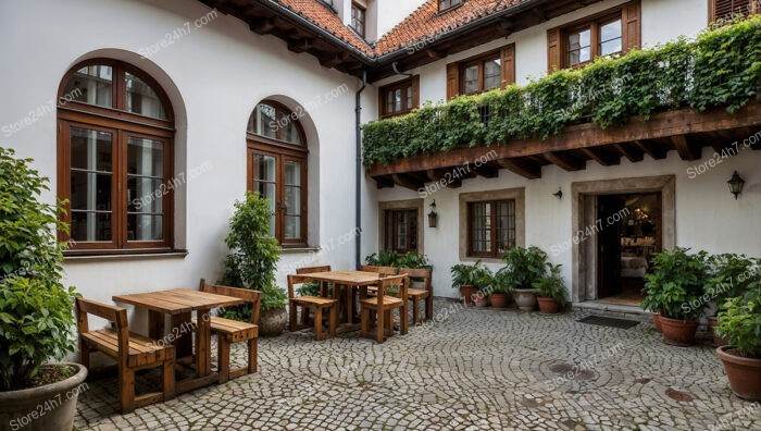 Quaint Bavarian Courtyard with Wooden Balcony and Seating Area