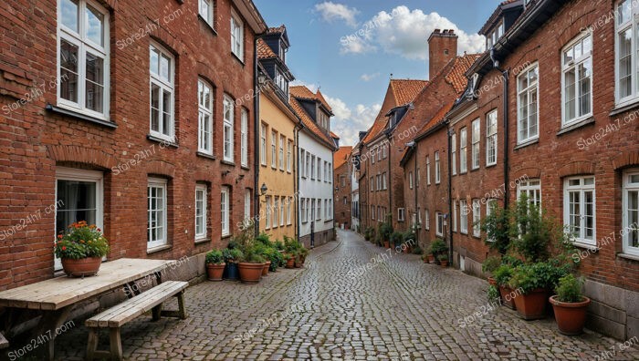 Quaint Cobblestone Street with Gothic Brick Houses