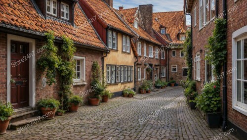 Quaint Cobblestone Street with Gothic Brick Houses