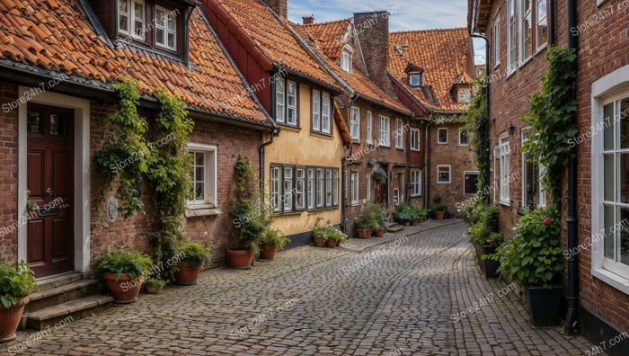 Quaint Cobblestone Street with Gothic Brick Houses