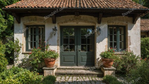 Quaint Cottage with Green Doors and Lush Foliage