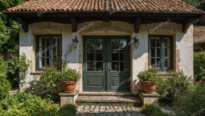 Quaint Cottage with Green Doors and Lush Foliage