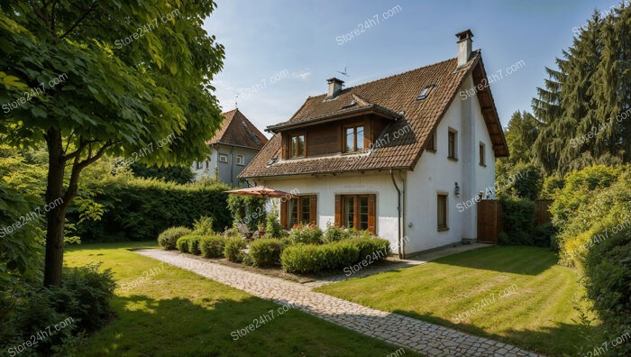 Quaint German cottage with red-tiled roof and garden path