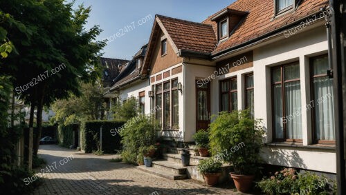 Quaint German Neighborhood with Traditional Homes and Cobblestone Streets