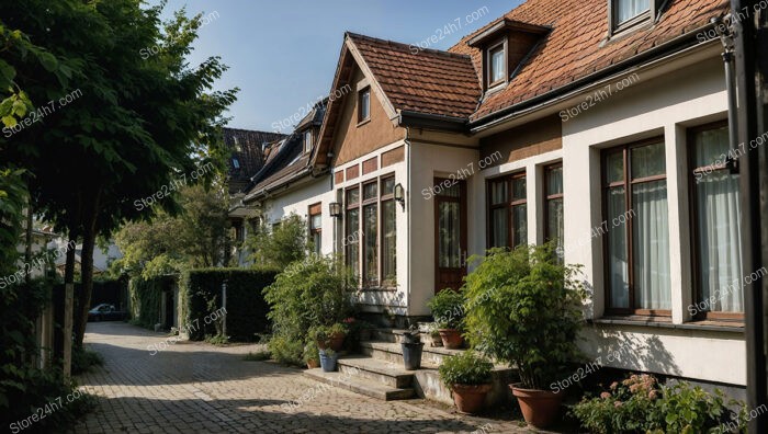 Quaint German Neighborhood with Traditional Homes and Cobblestone Streets