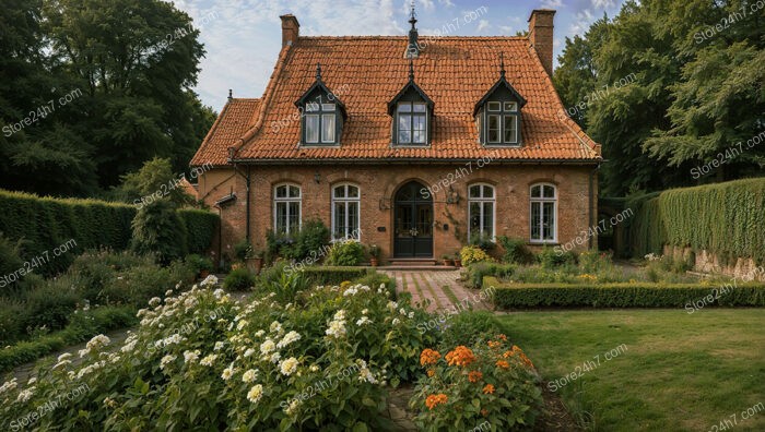 Quaint Gothic Brick House with Beautiful Garden Landscape