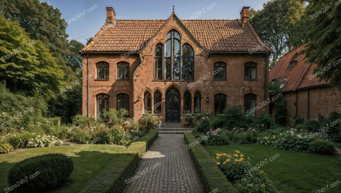 Quaint Gothic House with Elegant Garden Pathway