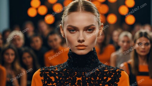 Radiant Fashion Model in Intricate Black and Orange Outfit