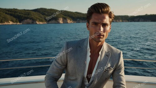 Refined Man in Light Gray Suit Seated on a Yacht