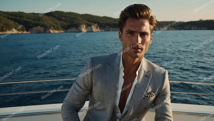 Refined Man in Light Gray Suit Seated on a Yacht